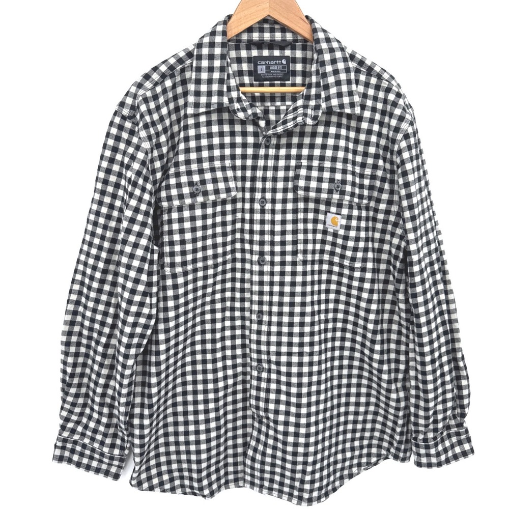 Carhartt Mens Shirt Flannel Shacket Large Black White Gingham Plaid Loose Fit